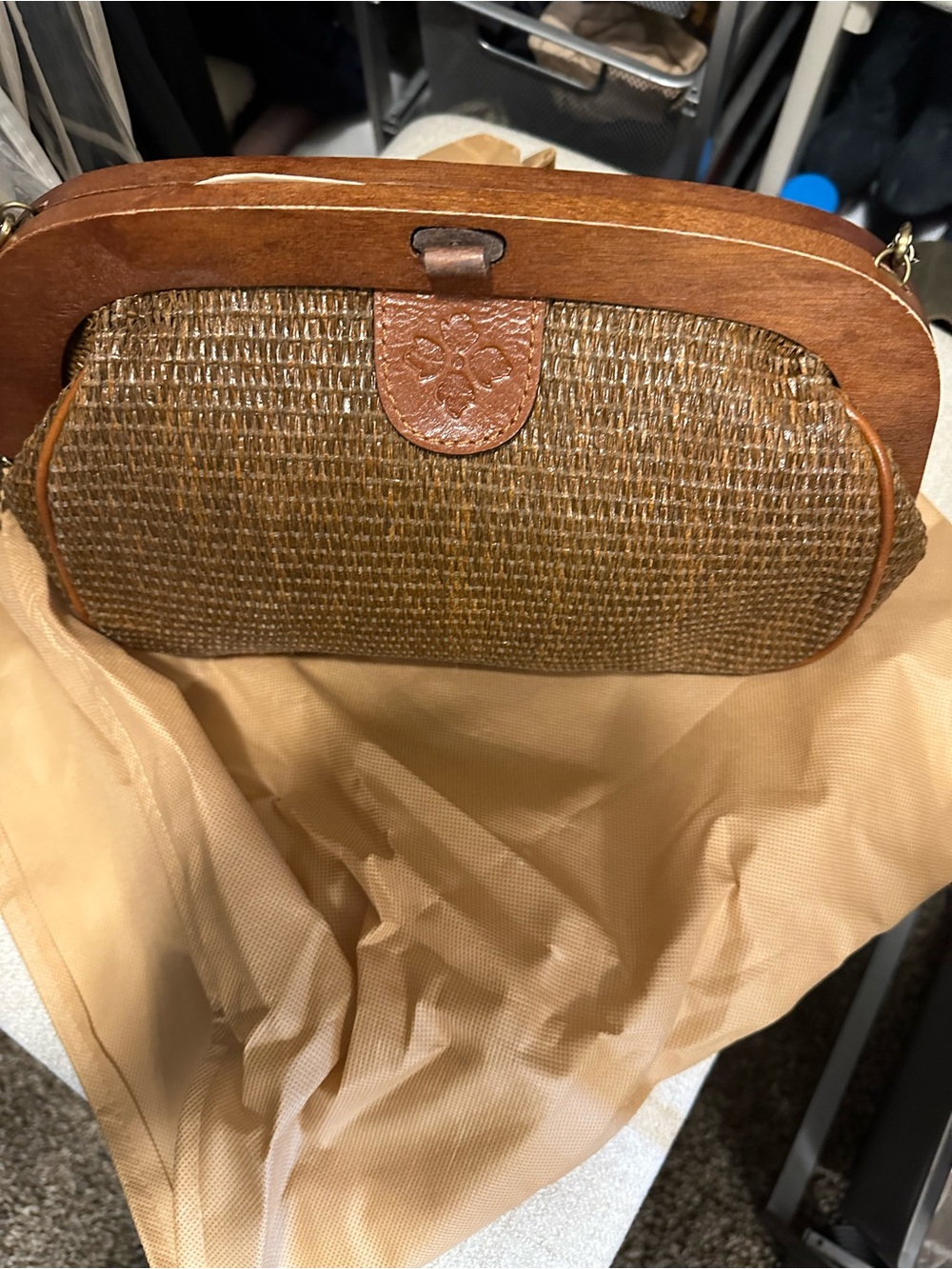 Patricia Nash Woven Straw and Leather Frame Clutch in Brown with chain